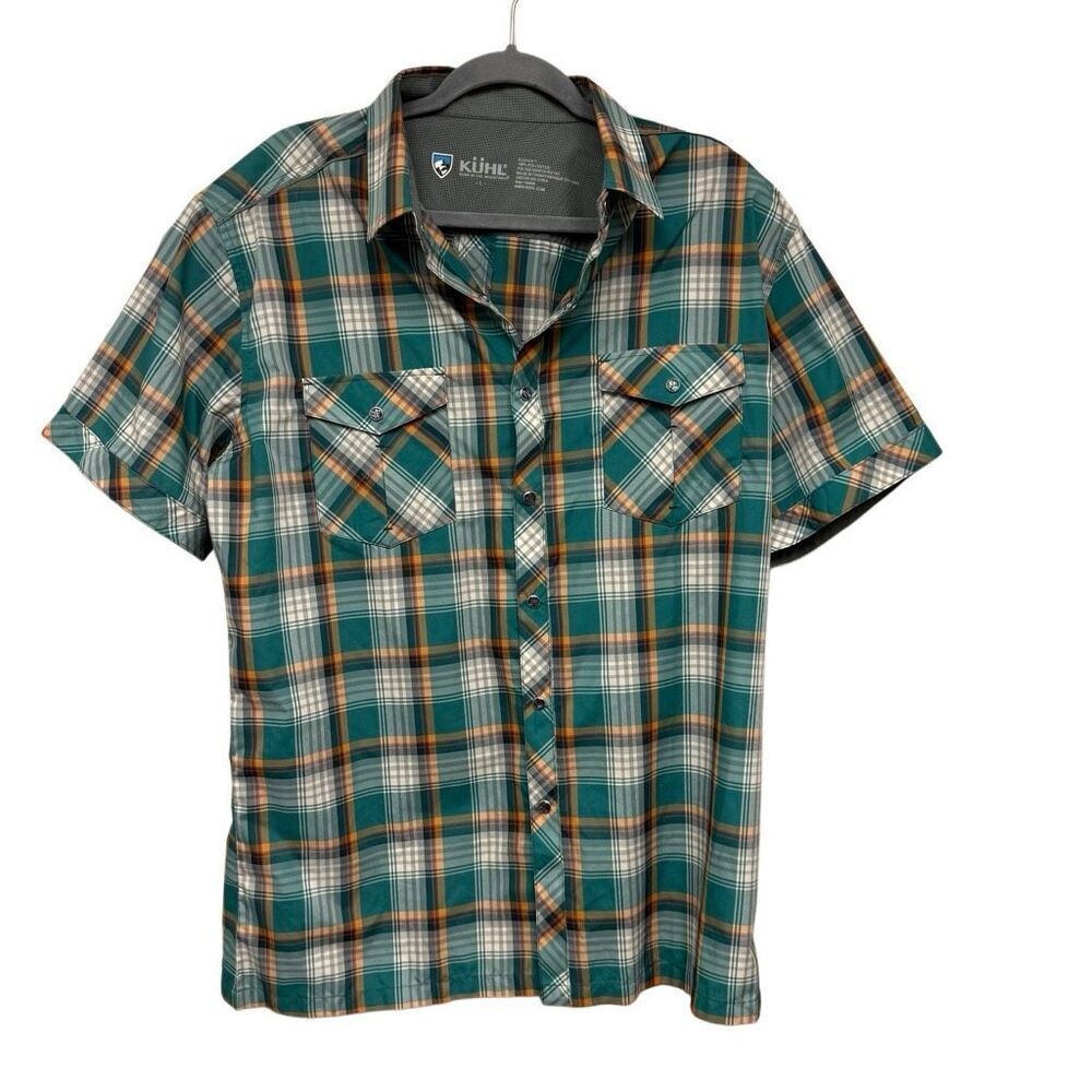 KUHL men's Konquer short-sleeve pearl snap shirt in a green, orange, and cream p